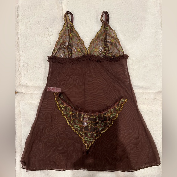 Brown and green lace teddy made in Colombia size Large. Runs small. - Picture 2 of 4